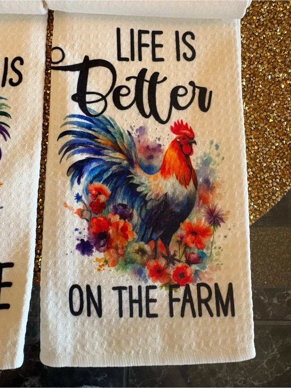 Set of 2 NWT Colorful Rooster Kitchen Towels -“Life is better on the Farm”